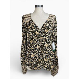 RIP CURL Dreamer Tunic Top Sz M Black Floral Button Down Peasant Sleeve Viscose